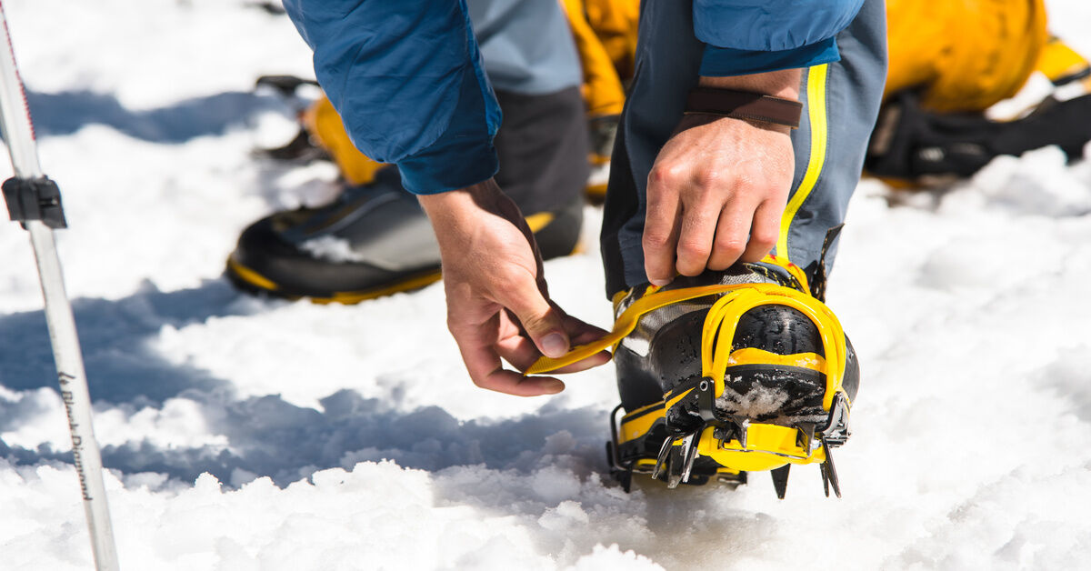 A close-up of a man bending over, putting his snow boots into a pair of yellow, rigid crampons. A close-up of a man bending over, putting his snow boots into a pair of yellow, rigid crampons.
